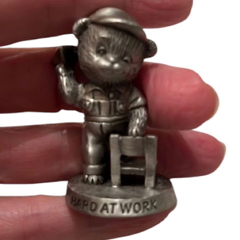 Vintage Avon 1983 pewter “Hard at Work” bear figurine EVC